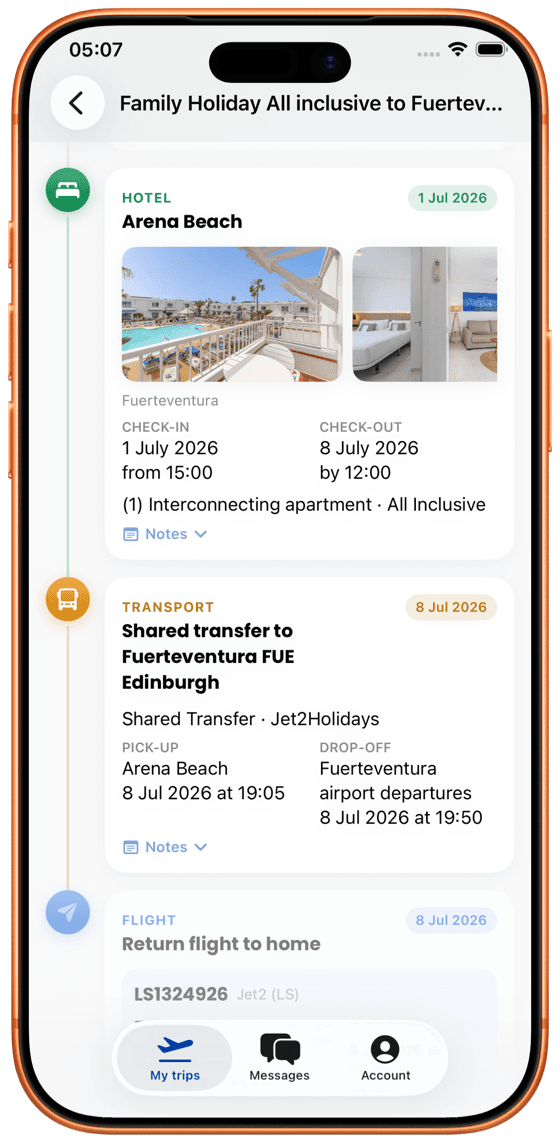 A trip itinerary displayed in the wherewegoing? iPhone app