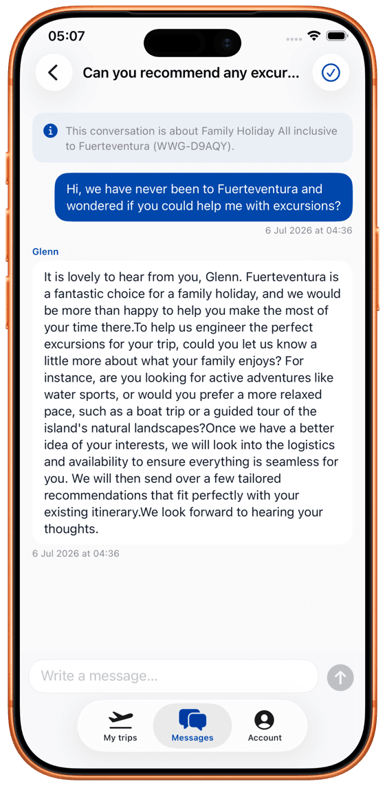 A customer conversation displayed in the wherewegoing? iPhone app